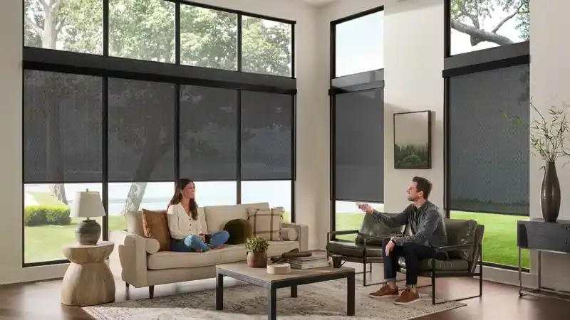 High-tech window blinds controlling natural light in a modern living room.