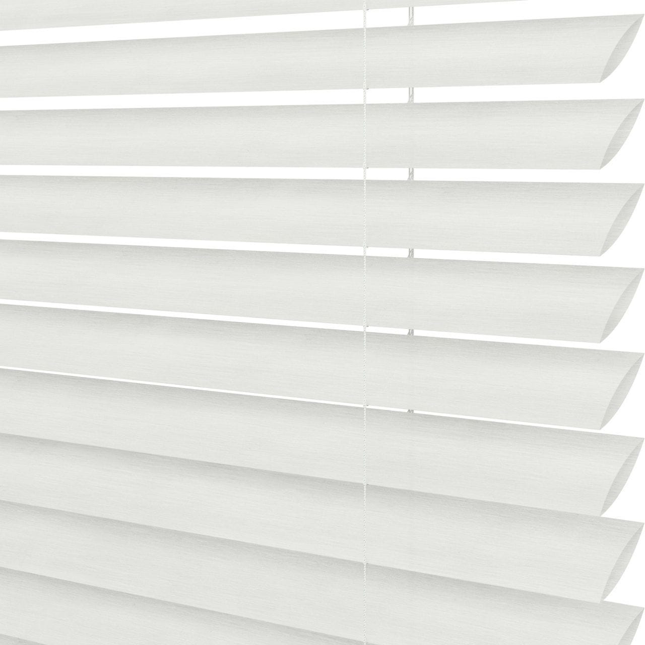 Close-up of white horizontal window blinds with evenly spaced slats and a textured finish, partially open to allow natural light to filter through.