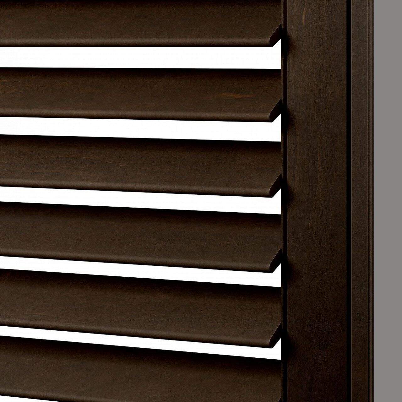 Louvered window shutters, dark wood, interior decor, home security, adjustable slats for light, privacy control.