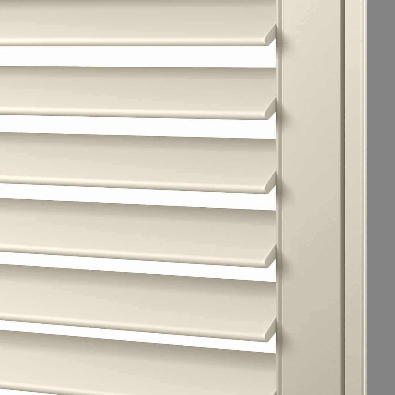 Louvered window shutter with beige and white color scheme, close-up view, indoor or outdoor use, security and privacy, modern design, durable material, stylish and functional, suitable for homes or offices, well-ventilated.