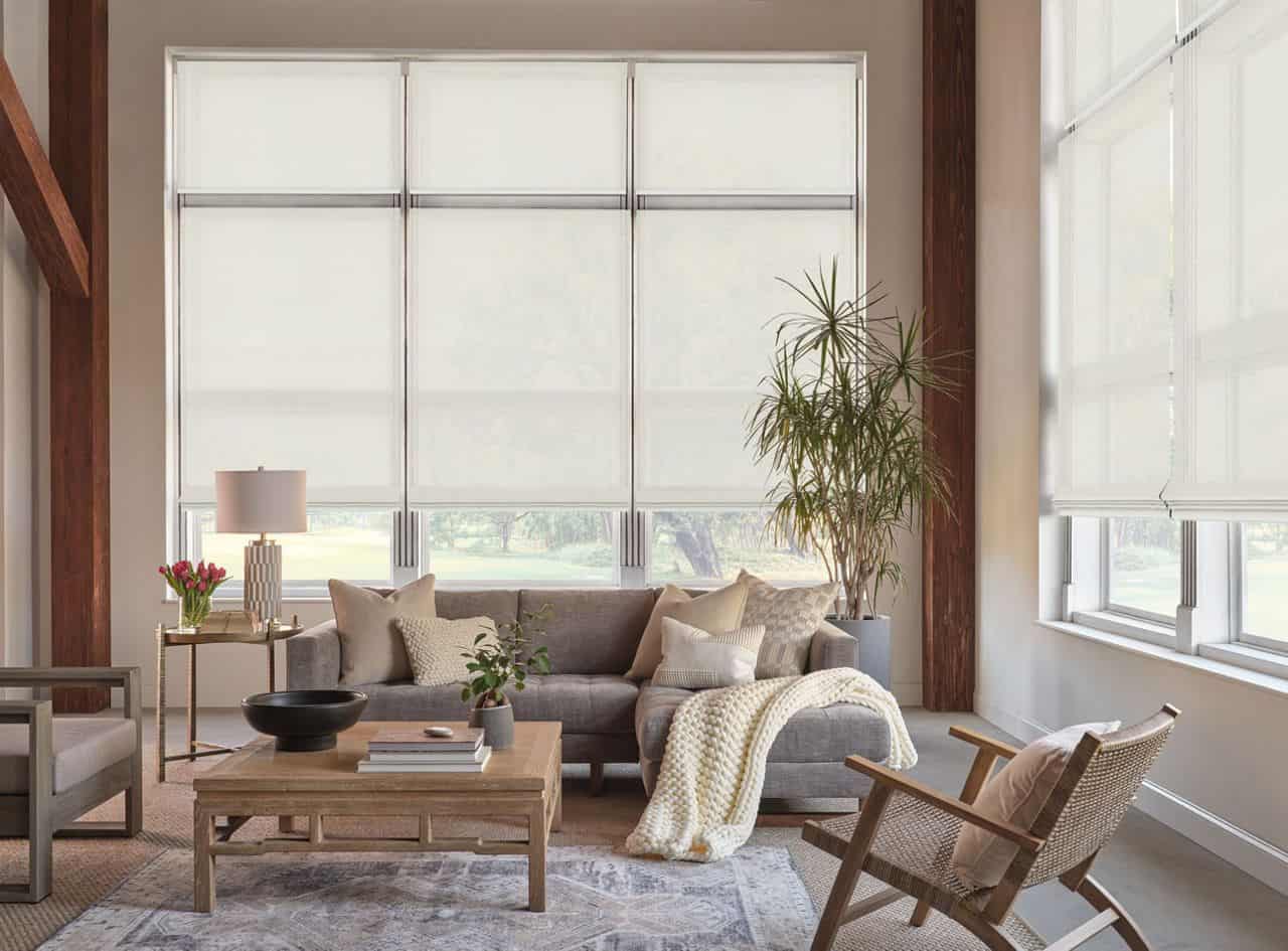 Bright living room with large windows featuring roller blinds, cozy sofa, armchair, potted plants, and neutral tones, providing a warm and inviting atmosphere.