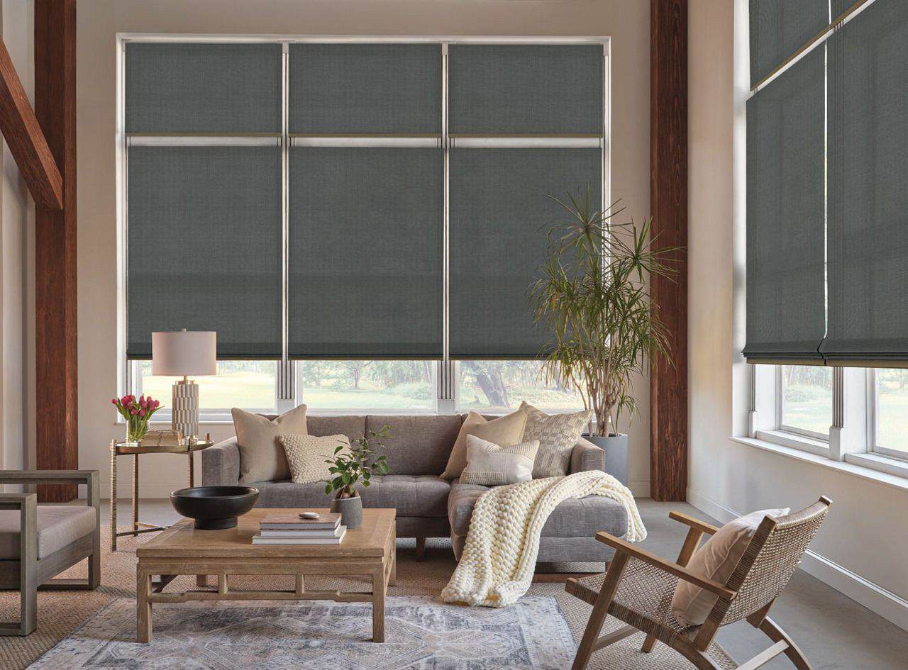 Stylish gray window blinds with natural light, cozy sofa, indoor plants, and minimalist decor create a relaxing atmosphere.