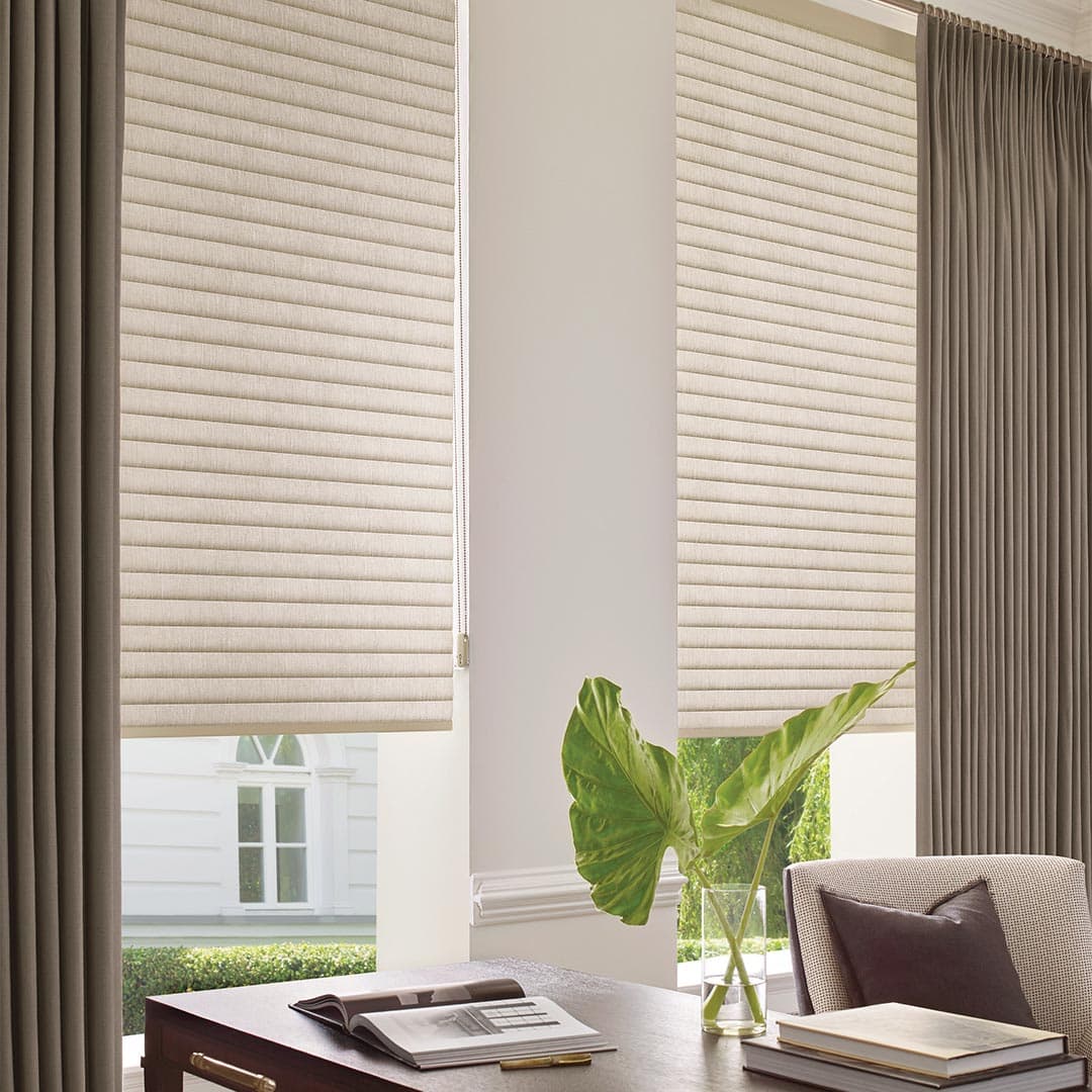 High-quality beige and dark gray window blinds with matching curtains, allowing natural light to flow into a cozy, stylish space with decorative plant and books.