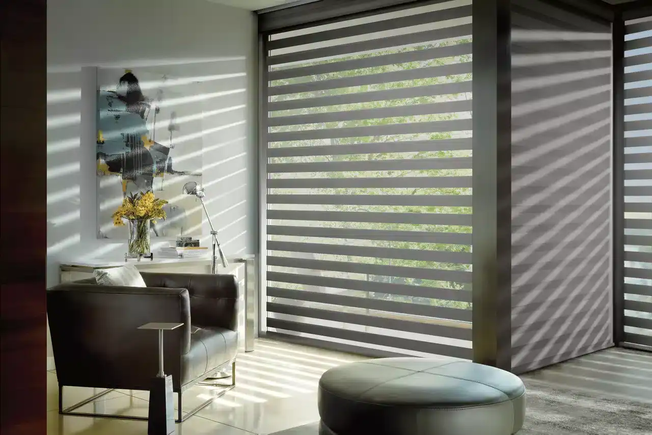 Contemporary room with sleek window treatments, stylish furniture pieces, and natural light creating a warm and inviting atmosphere.