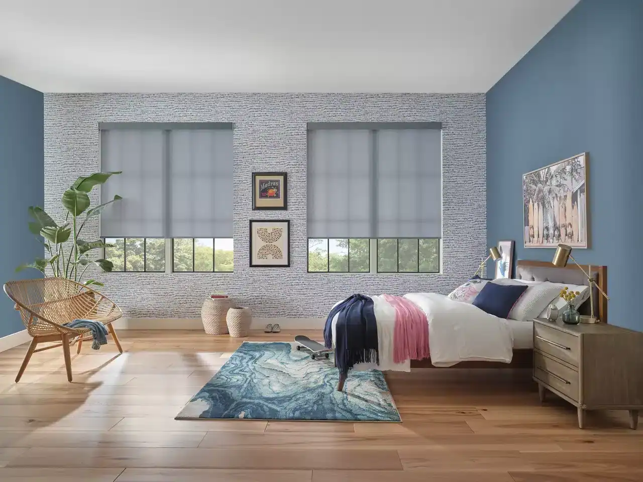 Bright, airy, contemporary bedroom with ample sunlight and elegant interior design.