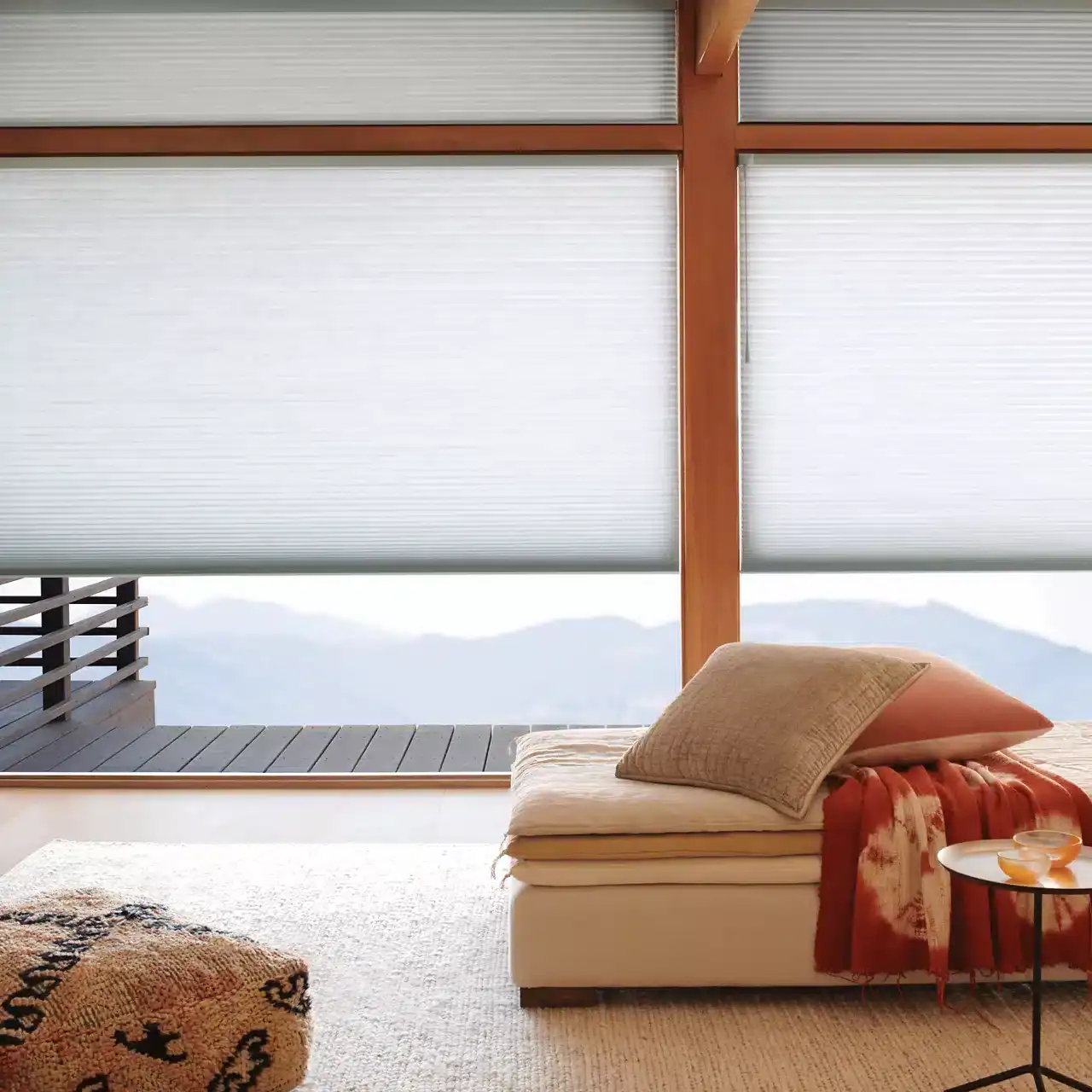 duette cellular shades on a window with pillow next to it