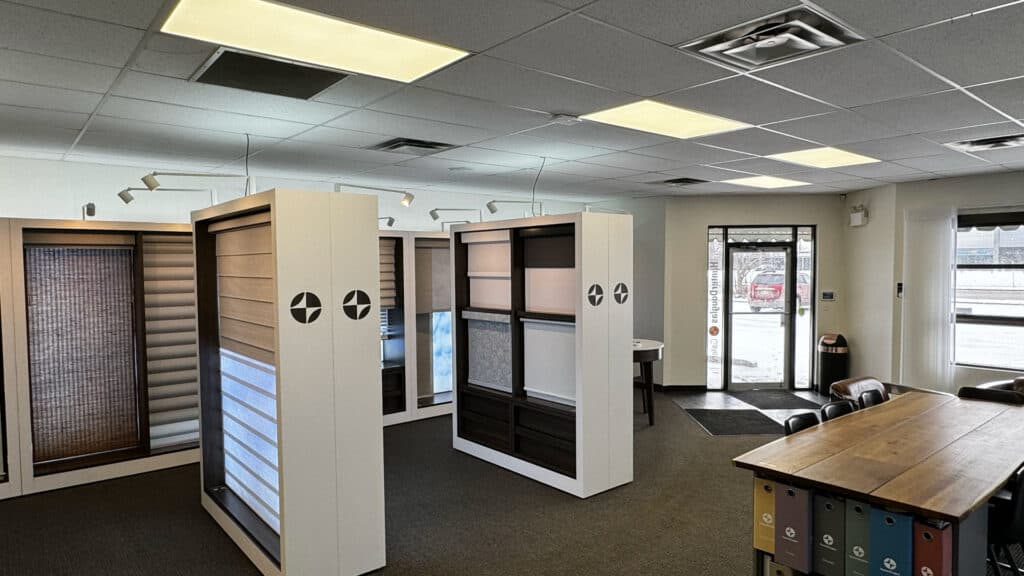 Interior view of retail display shelves in Edmonton store, showcasing various shelving units and store layout.