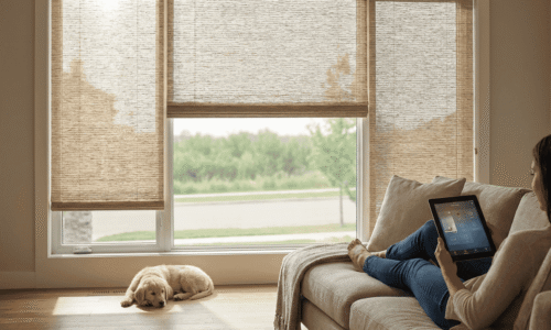 Woman relaxing on sofa with tablet in a bright living room, dog resting by the window, natural light, peaceful home environment.