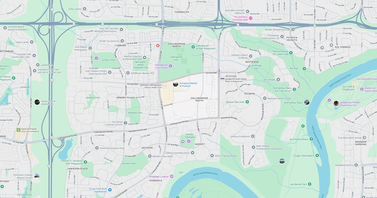 Brightly marked location of European Market and Produce on the map, surrounded by residential neighbourhoods, parks, and major roads in Callingwood, Edmonton.