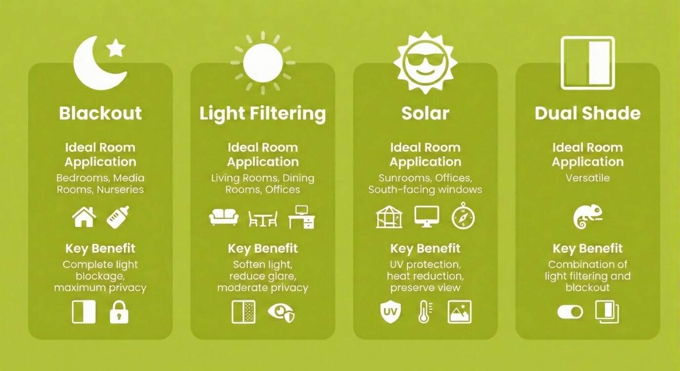 An infographic displaying different window treatment options including blackout, light filtering, solar, and dual shade, along with their ideal room applications and key benefits.