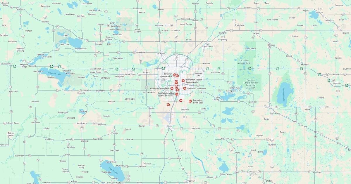 Detailed map of Edmonton and surrounding areas with key landmarks and neighborhoods.