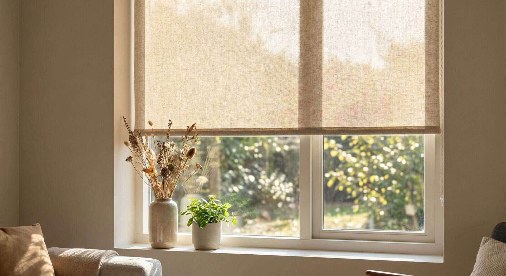 A window with beige roller blinds filtering warm sunlight into a living room, decorated with vases of dried flowers and a green potted plant, creating a calm and inviting atmosphere.