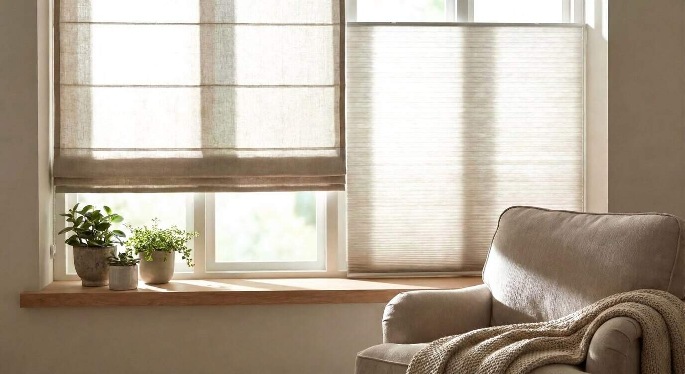 Close-up of a sunlit window with beige roller blinds partially down, two potted plants on the windowsill, and a beige armchair with a knitted blanket in a warm, inviting living space.