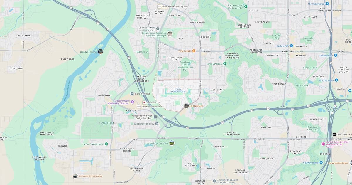 High-resolution map of Windermere, Alberta featuring parks, shopping centres, highways, popular landmarks, and residential neighbourhoods in a clear, detailed style.