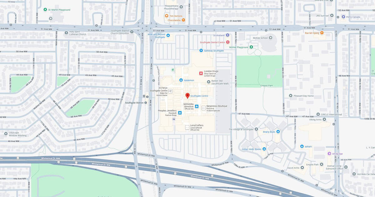 Bright map of Southgate Centre area in Edmonton featuring nearby landmarks and streets with shopping, parks, and transportation options for visitors.