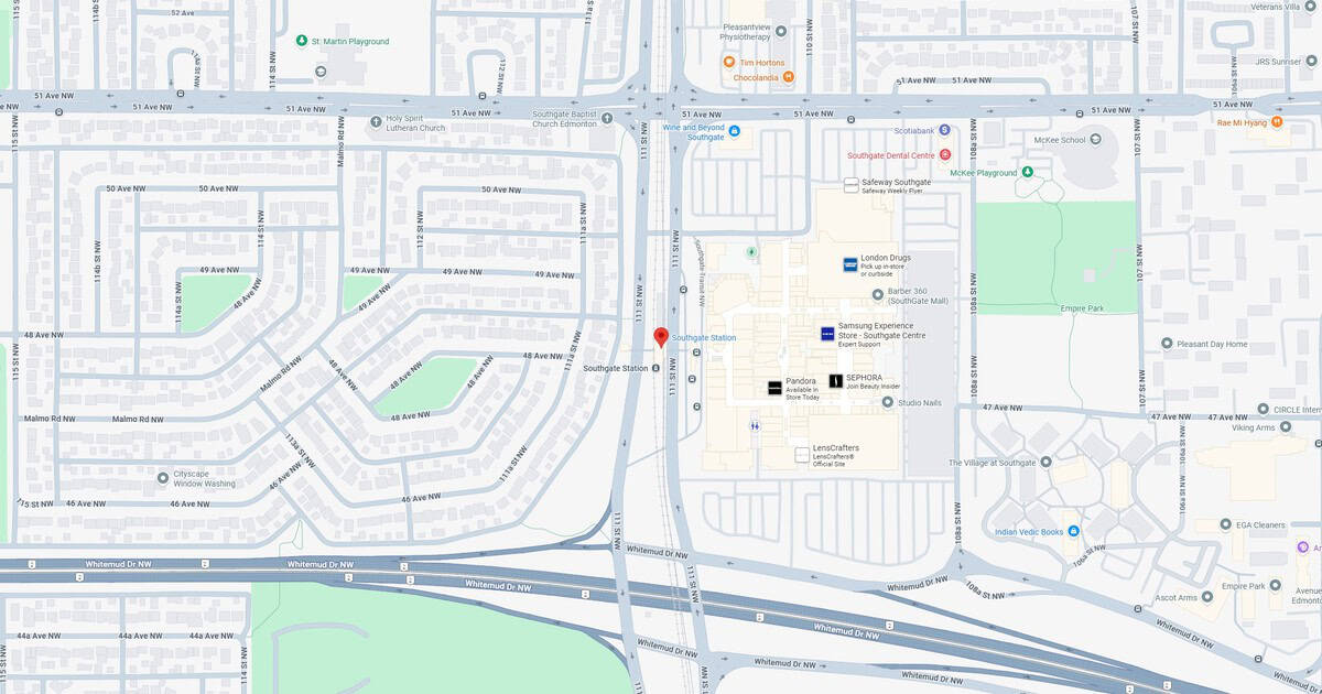Alt text: Map showing Southgate Transit Station location in Edmonton, Alberta, highlighting nearby landmarks, streets, and surrounding neighbourhoods for easy navigation.