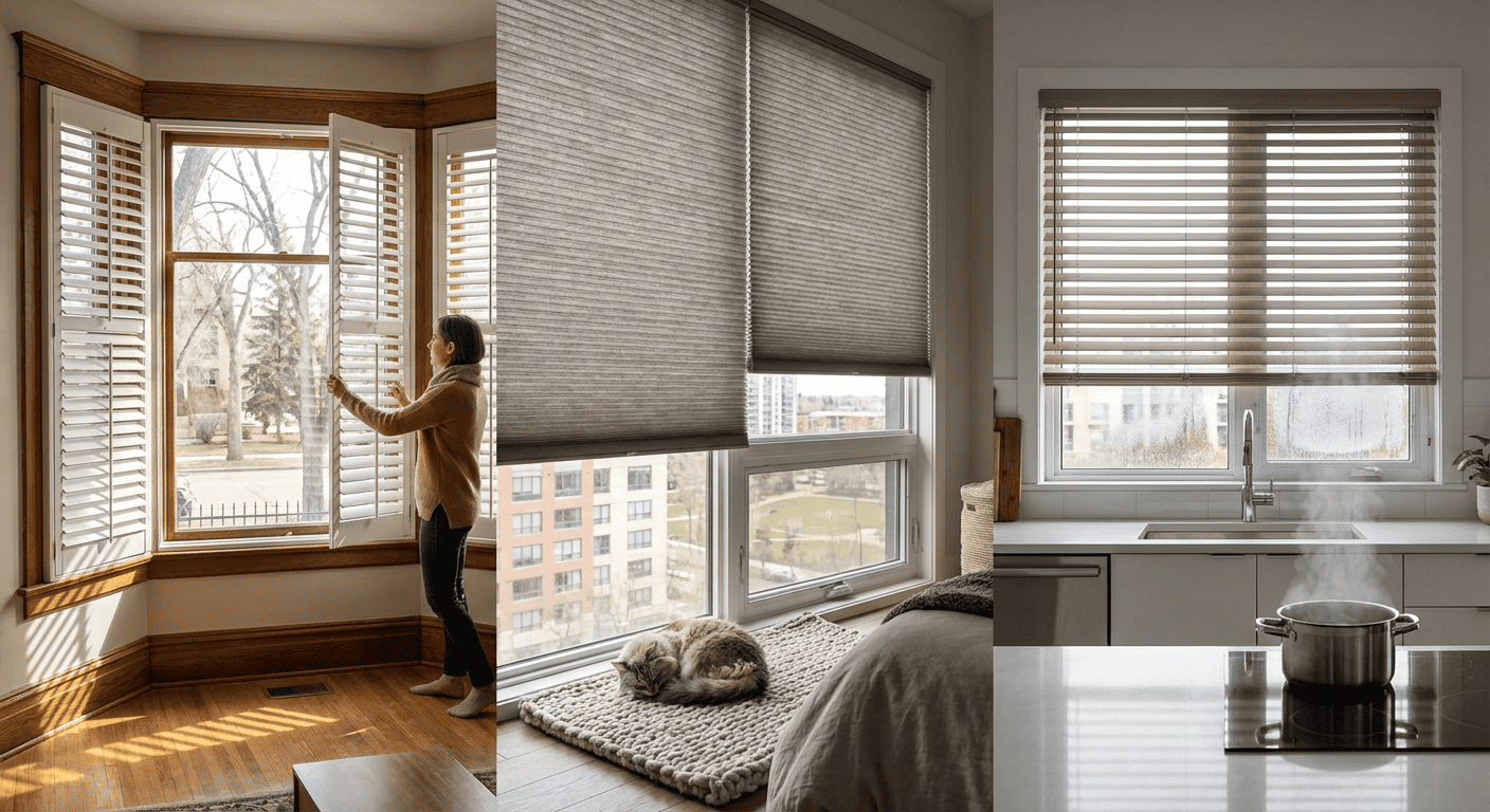 Bright kitchen with modern blinds and steaming pot.