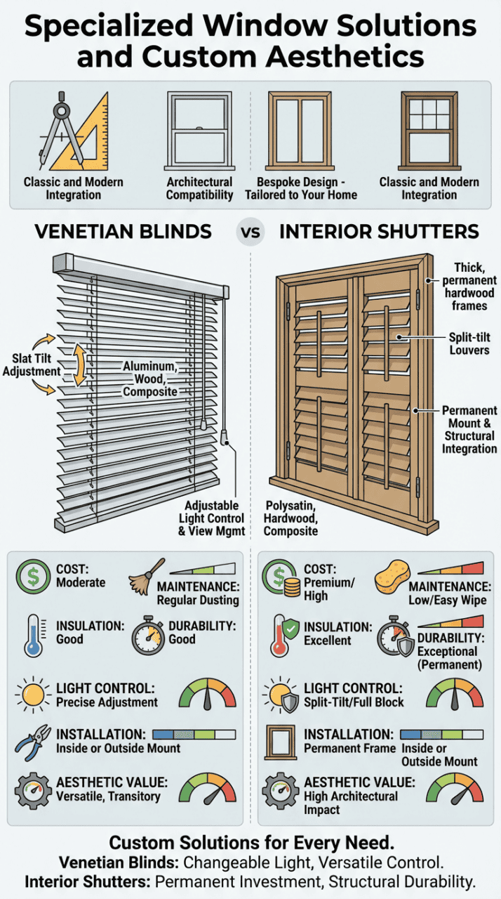 Versatile Venetian blinds and interior shutters for home enhancement with customizable design options.