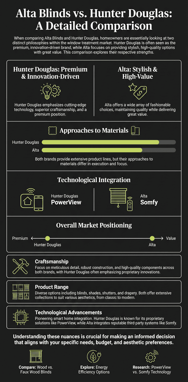 A detailed comparison of Alta Blinds and Hunter Douglas, highlighting their strengths, material approaches, technology integration, and market positioning for home window treatments.