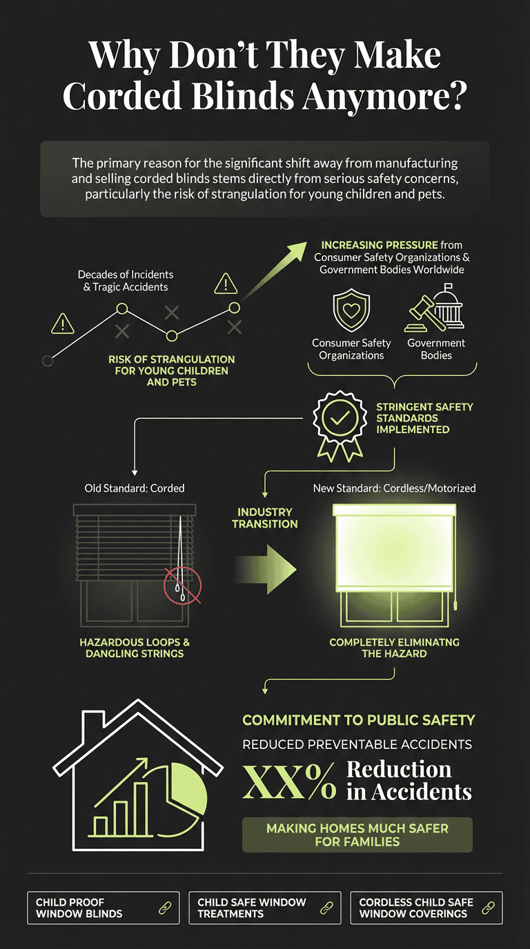 An infographic illustrating the industry shift from traditional corded blinds to safer cordless or motorized options, highlighting safety benefits for children and pets, industry standards, and reduced accident risks.
