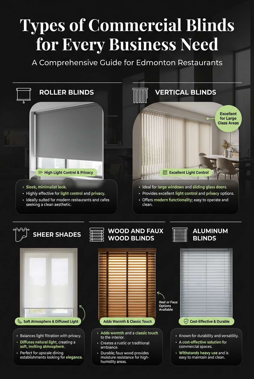 High-quality images of various commercial blinds types in Edmonton.