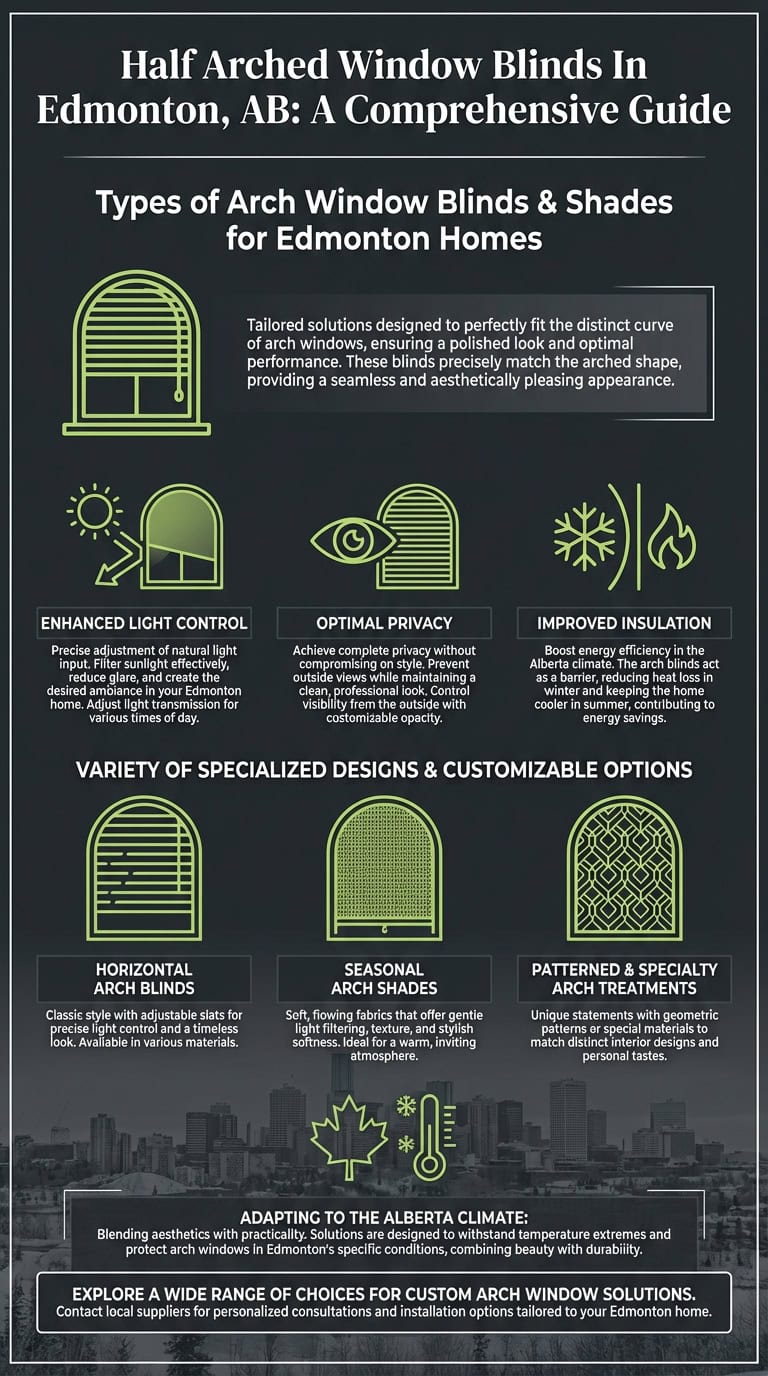 Modern half arched window blinds with various designs, including horizontal, seasonal, and patterned styles, promoting privacy, insulation, and aesthetic appeal for Edmonton homes.