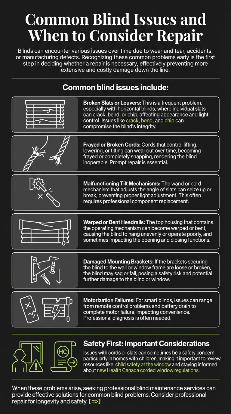 A detailed guide on common blind issues, including broken slats, frayed cords, and headrail problems, with tips on identifying and repairing them to ensure safety and functionality.