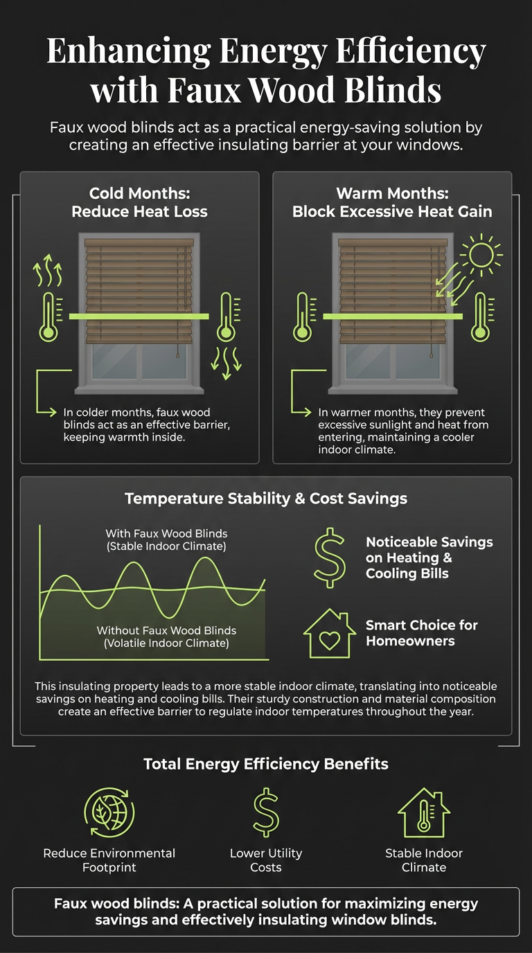 Durable faux wood window blinds for improved energy efficiency. Keeps indoor climate stable by reducing heat loss in winter and excessive heat gain in summer.