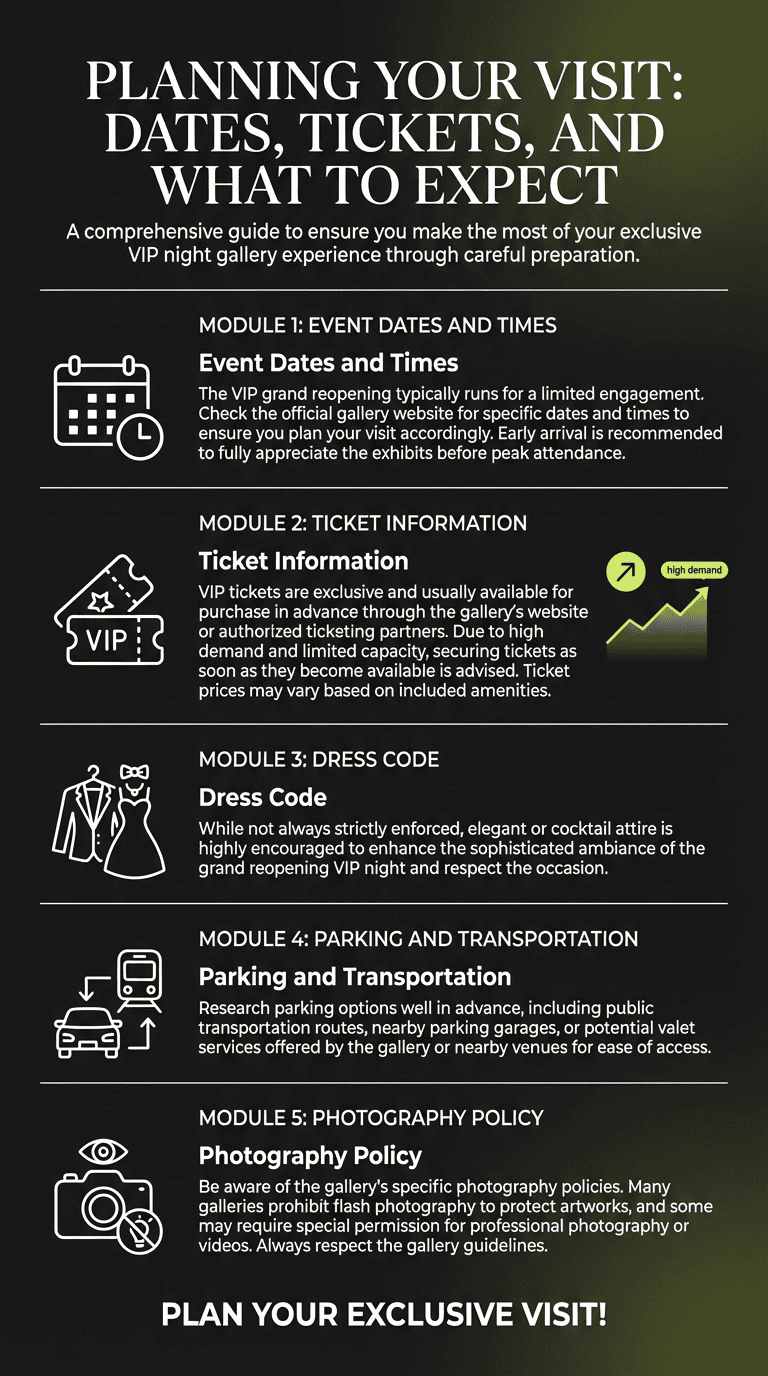Elegant and informative, this guide covers event dates, ticket info, dress code, parking, photography policies, and preparation tips for a VIP gallery experience in Canada.