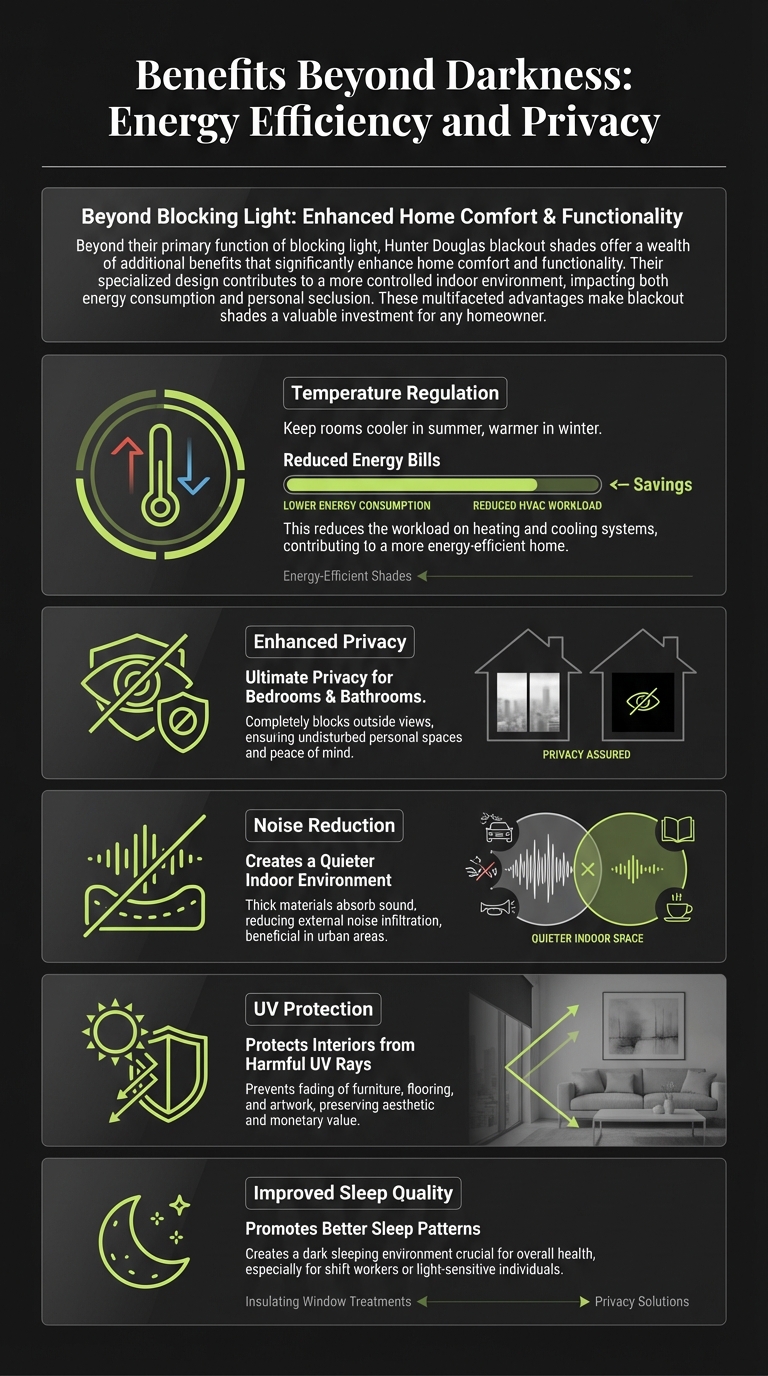 Enhanced home comfort, energy savings, privacy, noise reduction, UV protection, better sleep quality. Improve indoor environment with blackout shades for energy efficiency and privacy.