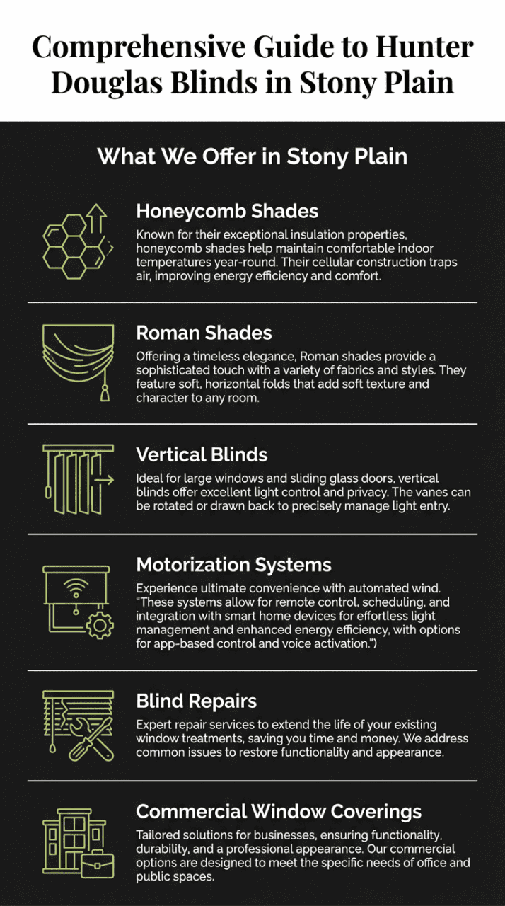 High-quality Hunter Douglas blinds in Stony Plain for enhanced privacy and style. Custom blackout, vertical, roman, and motorization options. Expert repairs and commercial solutions.