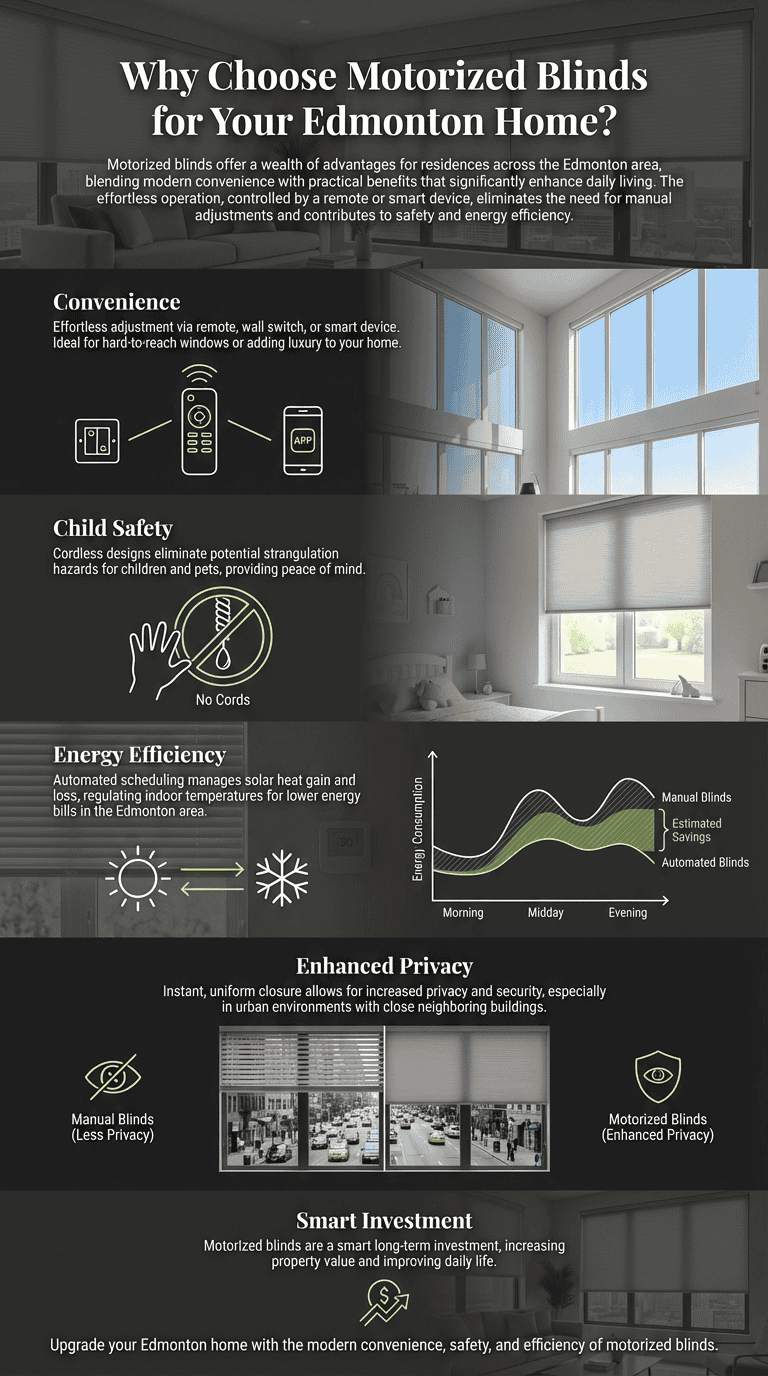 Effortless remote-controlled motorized blinds ideal for Edmonton homeowners, enhancing security and reducing energy costs with smart technology, offering modern home comfort.
