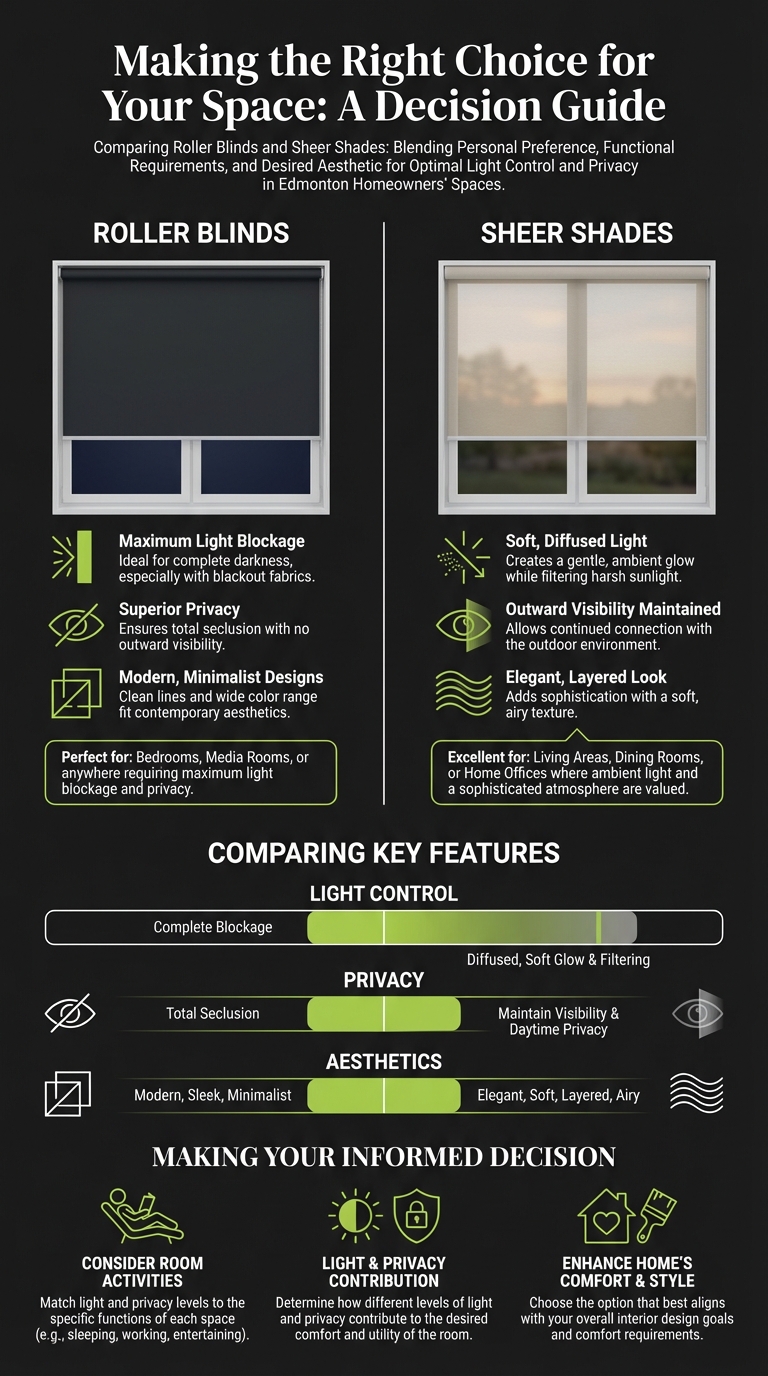 A detailed comparison of roller blinds and sheer shades, highlighting features like light control, privacy, aesthetics, and ideal spaces for each window treatment option for Edmonton homeowners.