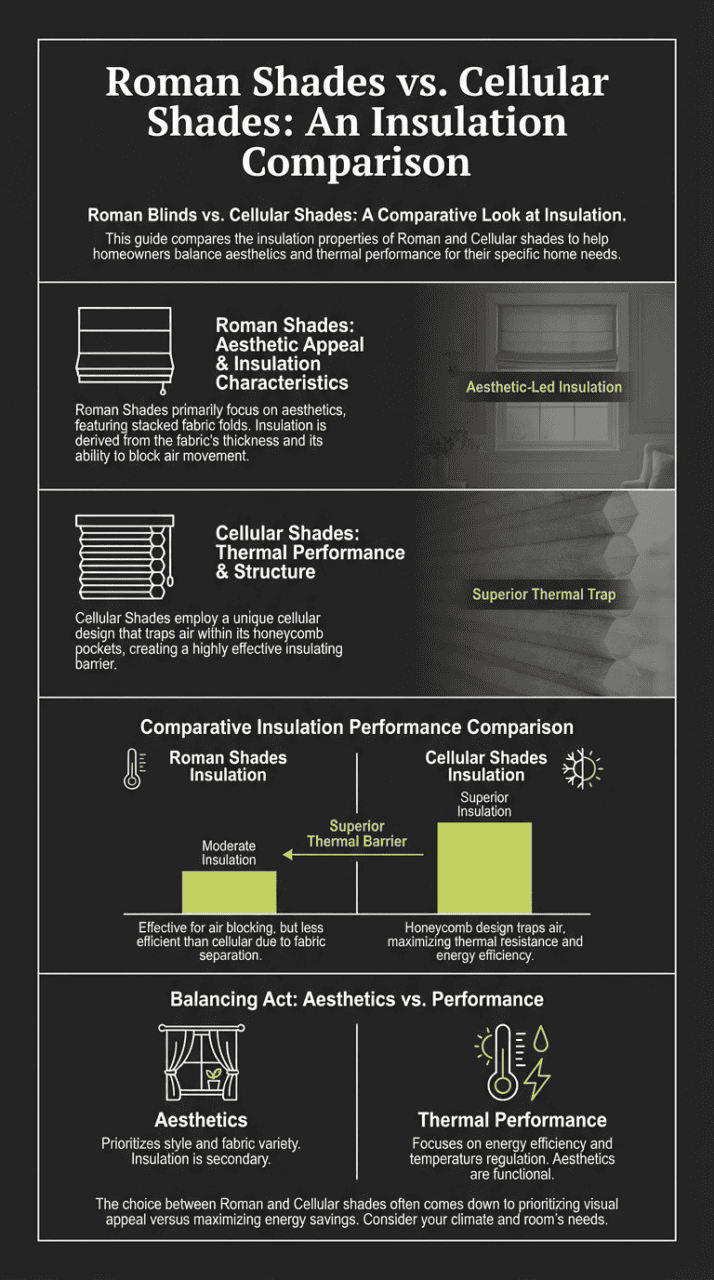 Stylish Roman shades and energy-efficient cellular shades contrasted for insulation in home window treatments.
