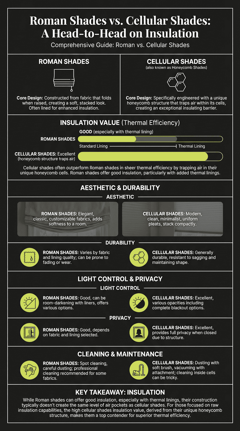 Highly detailed infographic on Roman vs. Cellular Shades for insulation, durability, light control, privacy, cleaning, and thermal efficiency. Perfect for home improvement and window treatment choices.
