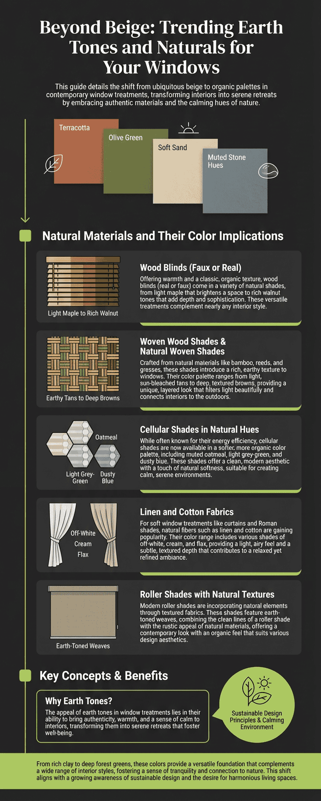 Earth tones for window treatments, natural materials, eco-friendly blinds, woven shades, linen fabrics, aur with textures, for calming interiors. Sustainable, organic, natural shades enhance home decor.