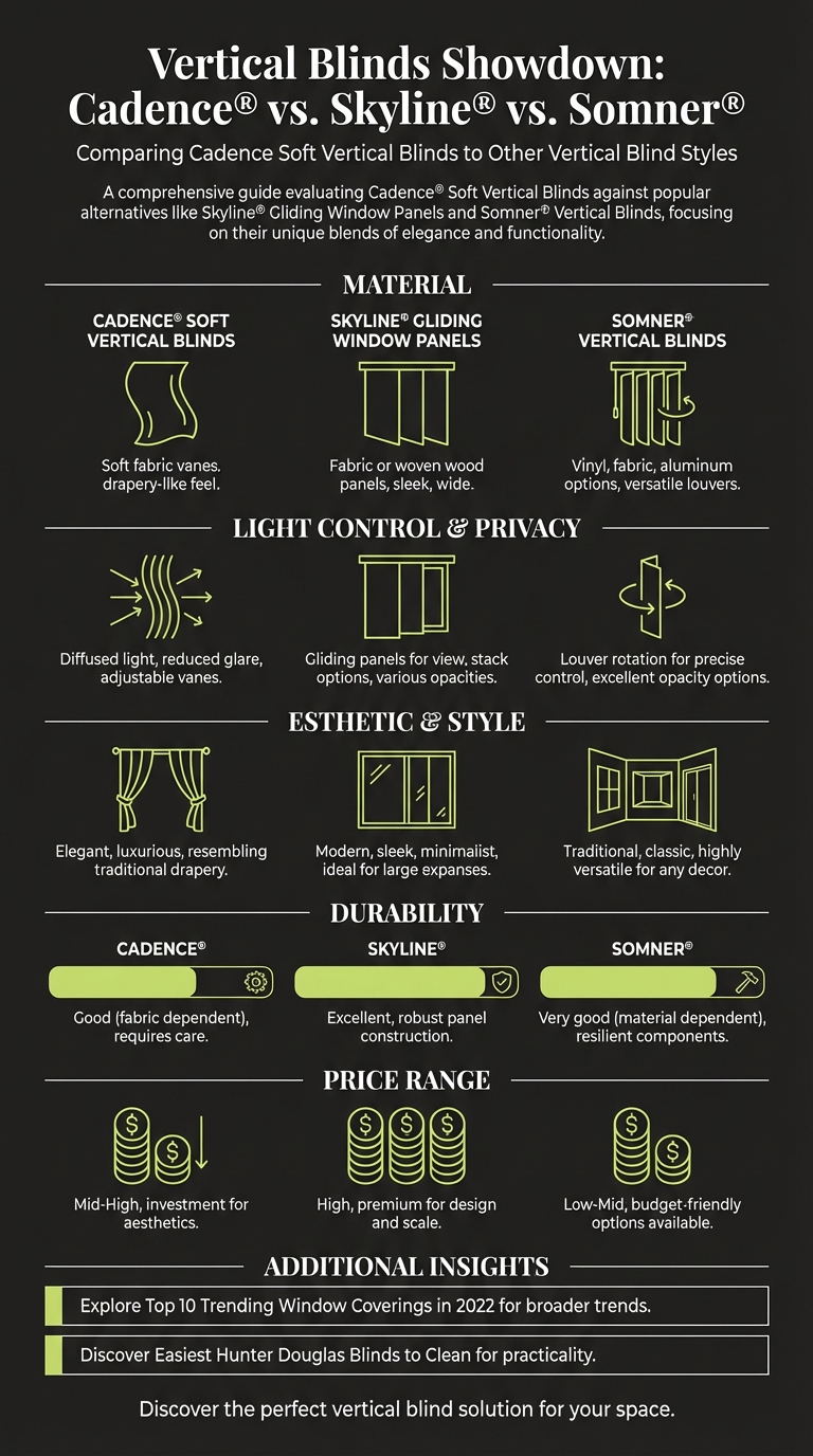 Detailed comparison of Cadence, Skyline, and Somner vertical blinds, highlighting materials, light control, style, durability, price, and additional insights for ideal window treatment choices.