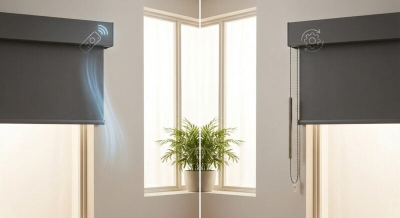 Bright room featuring large windows with dark blackout blinds, a potted green plant in the corner, and natural light filling the space.
