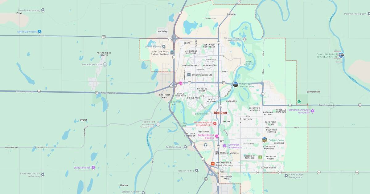 Map of Red Deer, Alberta, Canada showing streets and waterways.