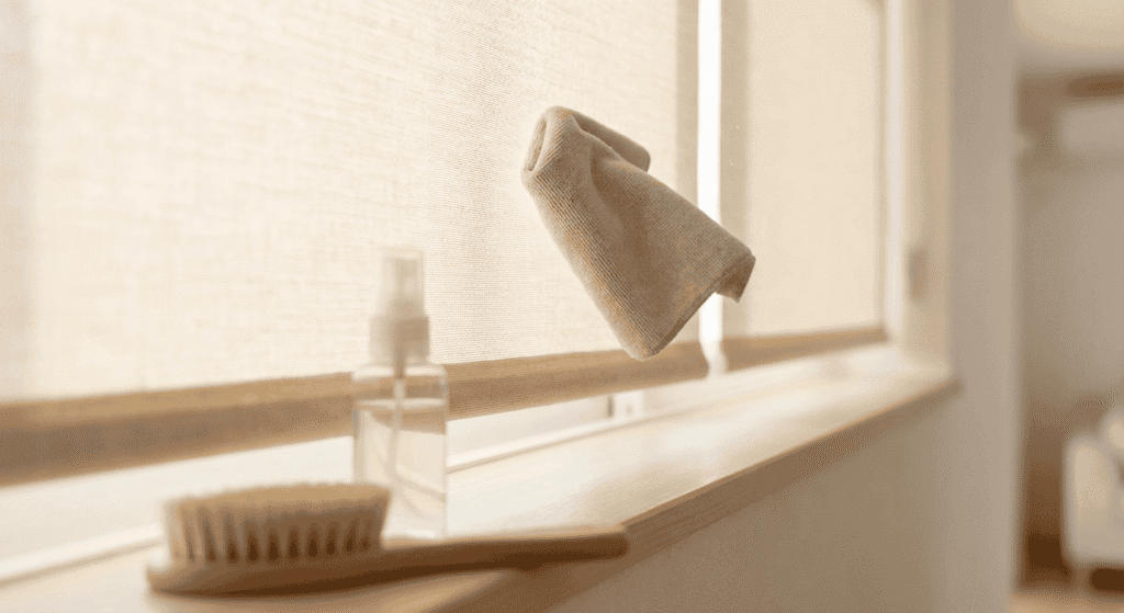 Close-up of a cleaning cloth hanging on a window ledge with a spray bottle and brush nearby, indicating window cleaning and home maintenance.