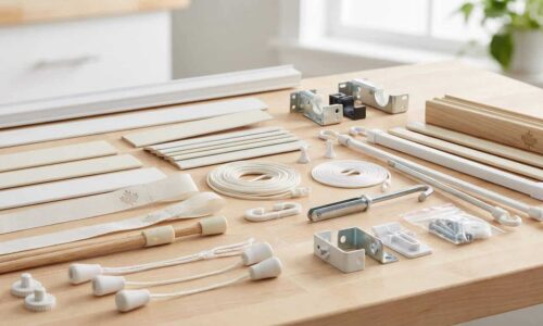 Assorted woodworking tools and wooden planks arranged on a workbench for carpentry projects.