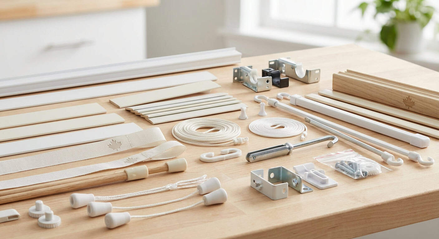 Tools and supplies for woodworking, including clamps, screws, dowels, and measuring tapes, arranged on a workbench.