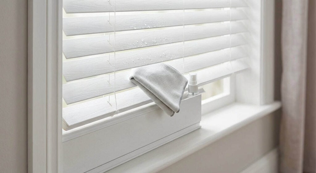 Bright white window blinds with a towel and cleaning spray on the window sill, ideal for maintaining a tidy and fresh home environment.