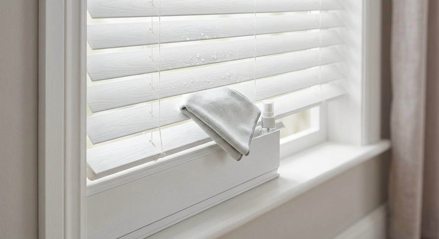 Close-up of a cloth cleaning window blinds with spray on a windowsill, demonstrating home cleaning and maintenance.