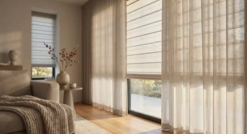 Bright living room with large windows covered by sheer curtains, allowing natural light to fill the space. Modern decor with a comfortable sofa, decorative vase, and wooden flooring create a warm, inv.