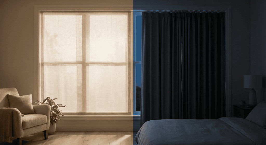 Bright and dark window curtains in a modern living room, showcasing natural light and privacy options with beige sheer curtains and dark blackout drapes.