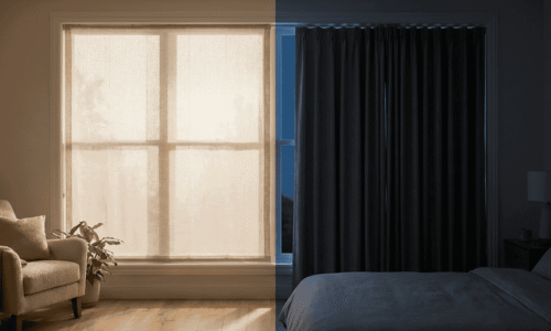 Bright and dark window curtains in a modern living room, showcasing natural light and privacy options with beige sheer curtains and dark blackout drapes.