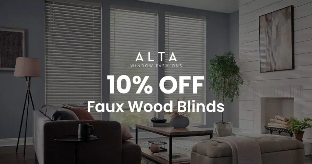 Elegant living room featuring ALTA faux wood blinds, perfect for controlling light and enhancing home decor. Ideal for stylish, durable window treatments in contemporary interiors.