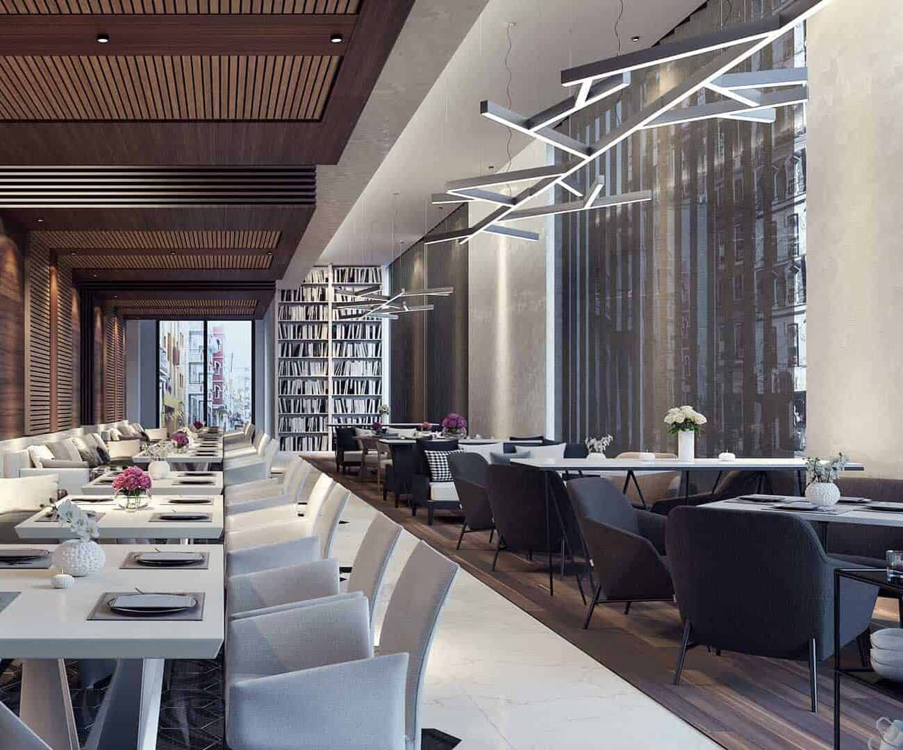 Elegant black and white commercial blinds providing privacy and light control in a contemporary dining space. Perfect for restaurants, cafes, and hospitality venues.