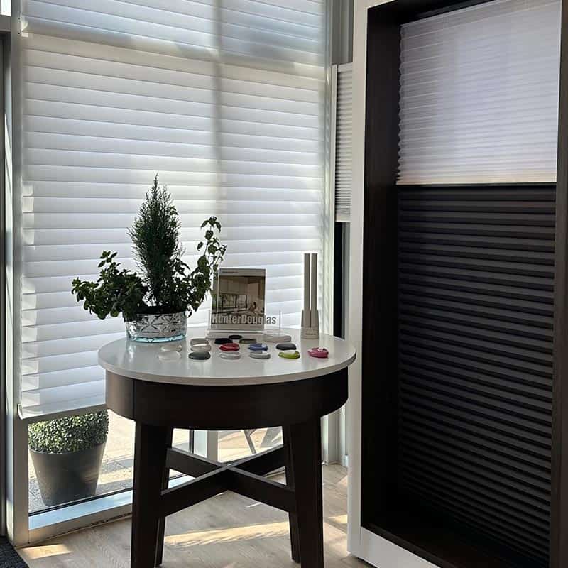 Bright interior with potted plant and decorative stones on a round table near large window blinds.
